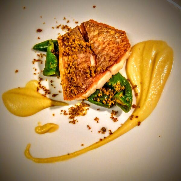 Pan-fried red sea bream with grilled eggplant puree