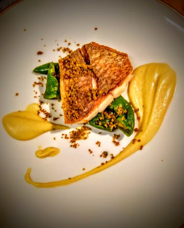 Pan-fried red sea bream with grilled eggplant puree